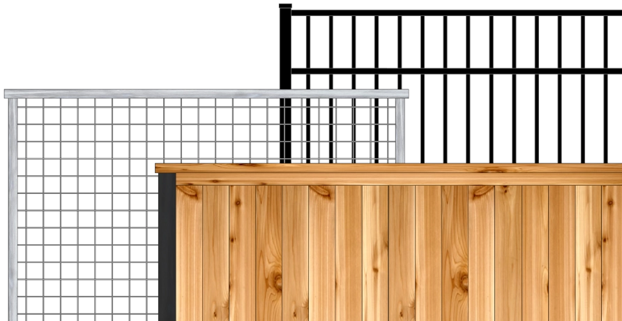 Iron, vertical, and bull panel fence 3D design mockups.