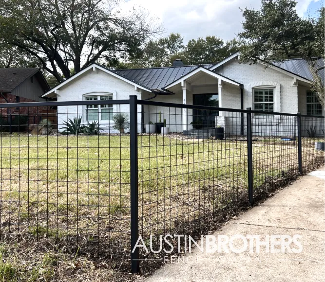 Black iron bull panel fence in the front yard of an Austin home.