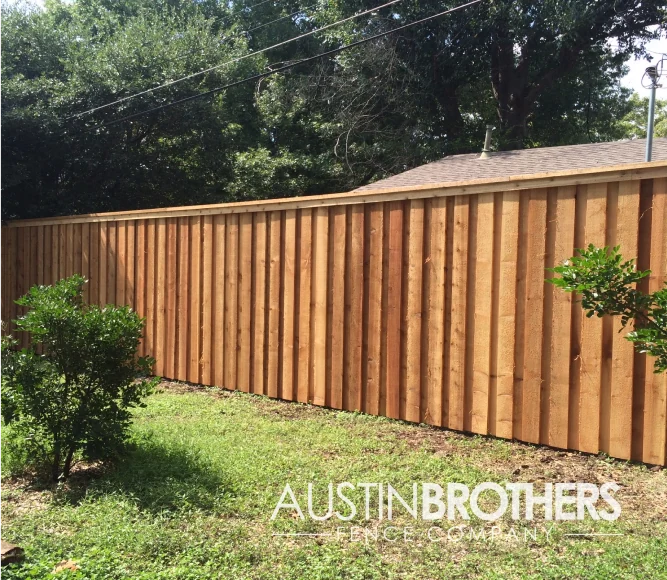 Vertical wooden fence in an Austin, Texas back yard.