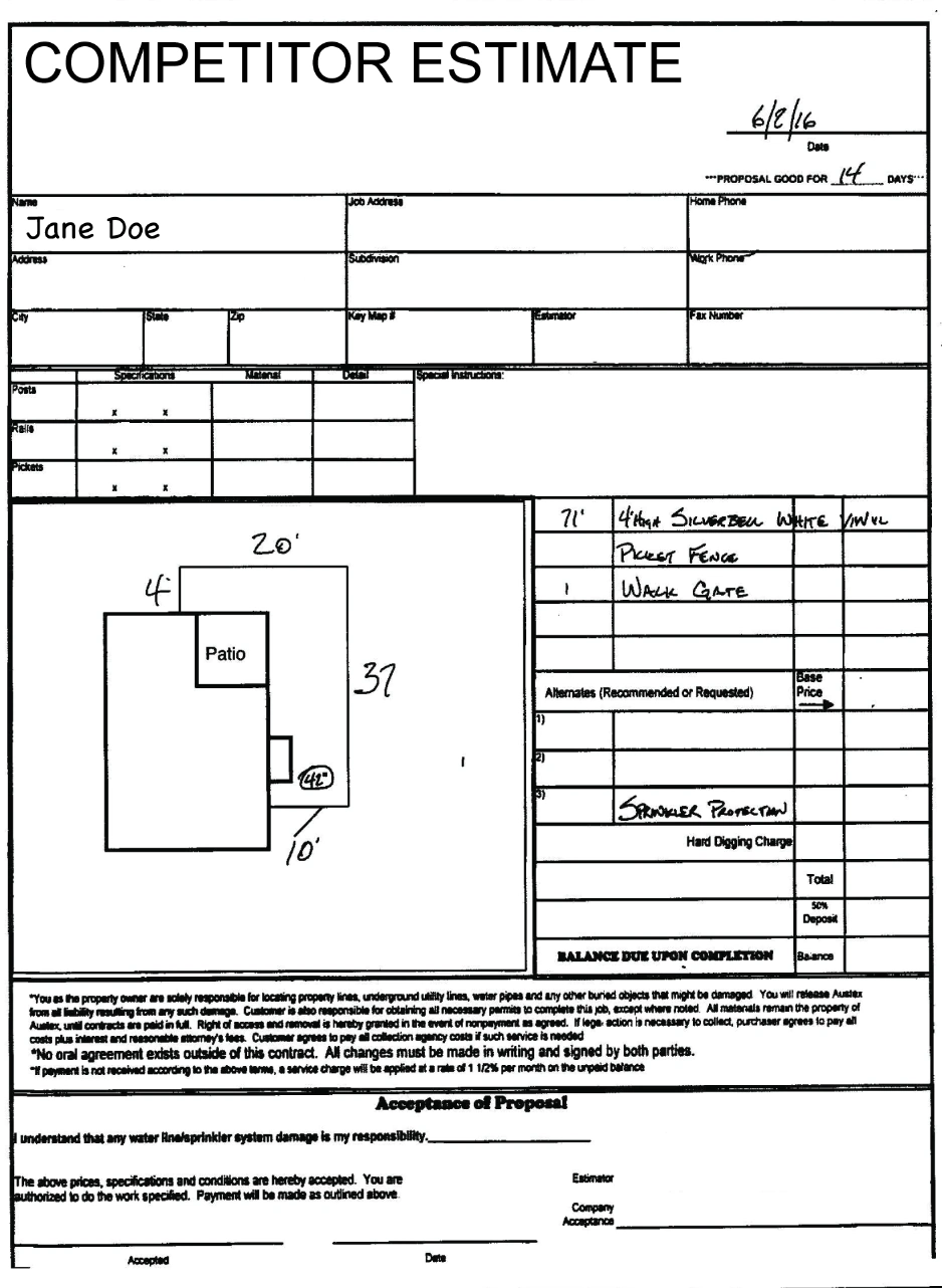 An example of another fence company's estimate, with a sketch of the yard and measurements.