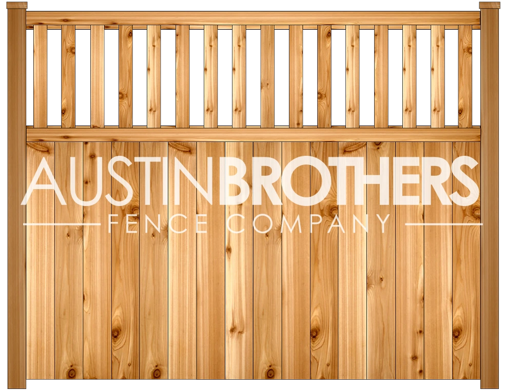 3D design mockup of a vertical wooden fence offered by Austin Brothers Fence Company.