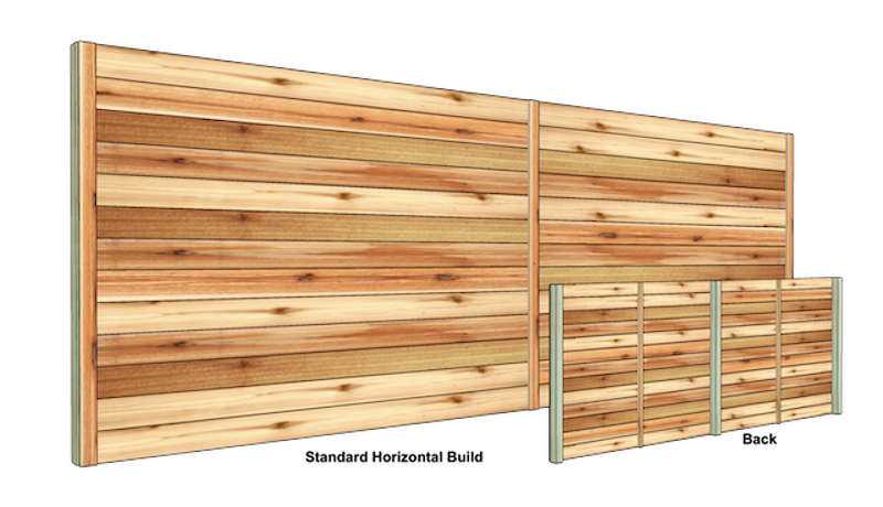 3D mockup of a standard horizontal wood fence, front and back.